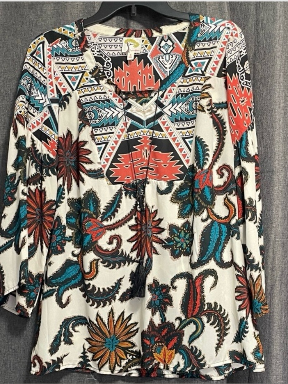 fig and flower Cream Floral Paisley Print Blouse with Teal and Rust Accents